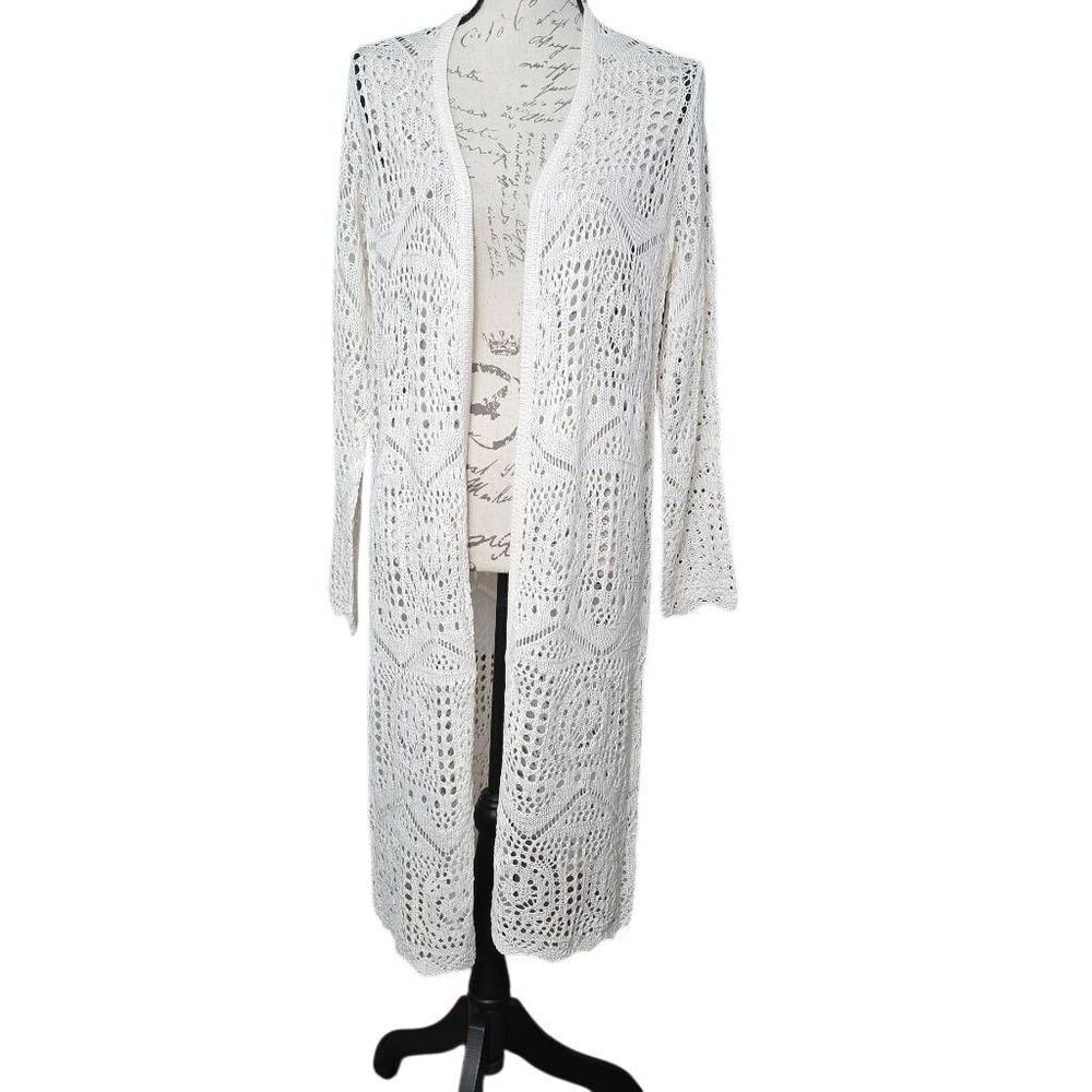 Chelsea & Theodore Women's Size Large Natural Cream Long Crochet Knit Cardigan